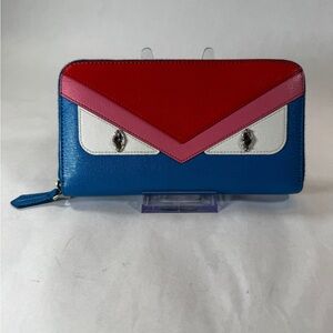 Fendi Monster Eyes Zip-Around Wallet Blue Multicolor Leather